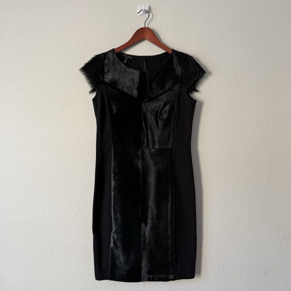 ESCADA black Sheath dress w/fur-trimmed neckline panel Size EU 36 Luxe Dark Glam